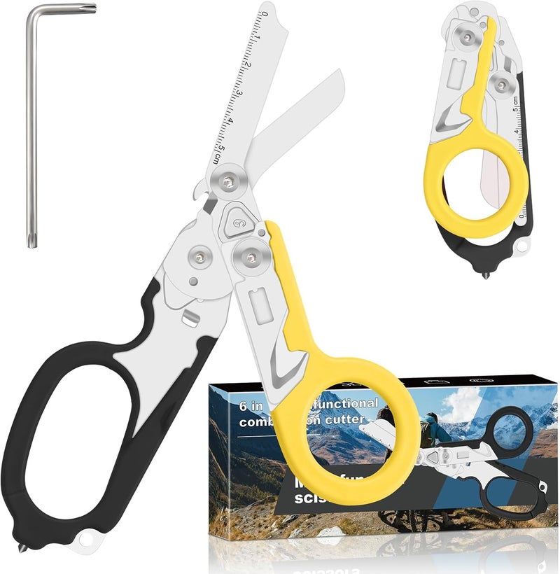 Lemasa 6 in 1 trauma shears, folding emergency shear, Outdoor Camping Tools, Seat Belt Cutter, Oxygen Cylinder Wrench, Complimentary Adjustable Wrench (Black Yellow) - Image 1